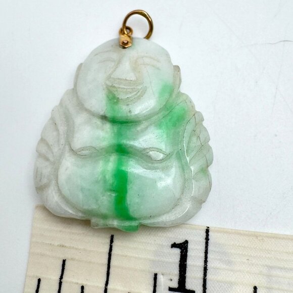 Laughing Buddha Jade Pendant With 14K Gold Bail - Picture 4 of 12